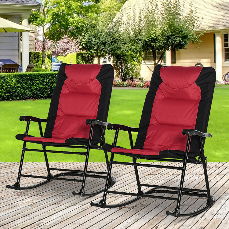 Outsunny 2 Piece Outdoor Patio Furniture Set With 2 Folding Padded Rocking Chairs, Bistro Style For Porch, Camping, Balcony, Red