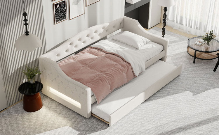 Upholstered Twin Xl Size Daybed With Led Belt And Trundle, Beige