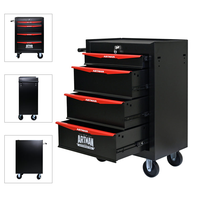 Rolling Metal Tool Chest With 4 Drawers, 20" 4 Drawer Tool Chest Cabinet With Ball Bearing Drawer Slides, Steel Tool Storage Box Organizer Black&Red