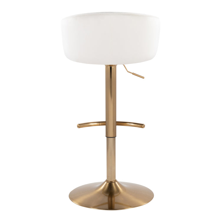 Contemporary Adjustable Barstool With Swivel In Gold Metal And Cream Velvet With Rounded T Footrest Set Of 2
