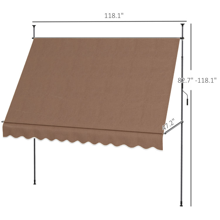 Outsunny Manual Retractable Awning, 118" Non Screw Freestanding Patio Sun Shade Shelter With Support Pole Stand And Uv Resistant Fabric, For Window, Door, Porch, Deck, Coffee