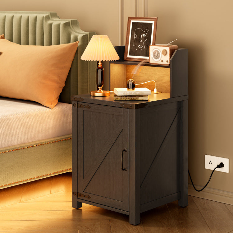Okd Nightstand With Charging Station, 18 Inch Farmhouse End Table With Barn Door And Adjustable Storage Shelf, Rustic Wood Sofa Side Table W Magnetic Door For Living Room, Bedroom, Antique Black