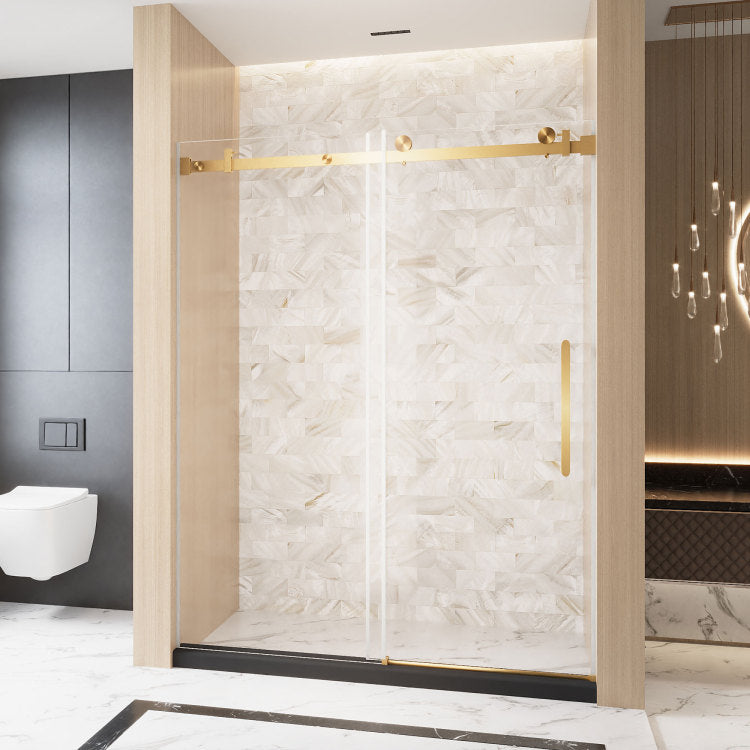Frameless Single Sliding Shower Door 56 60 "W X 76" H, 1 4 " 6 Mm Clear Tempered Glass, Explosion Proof Film, Stainless Steel Handle Square Tube Track ,Brushed Gold