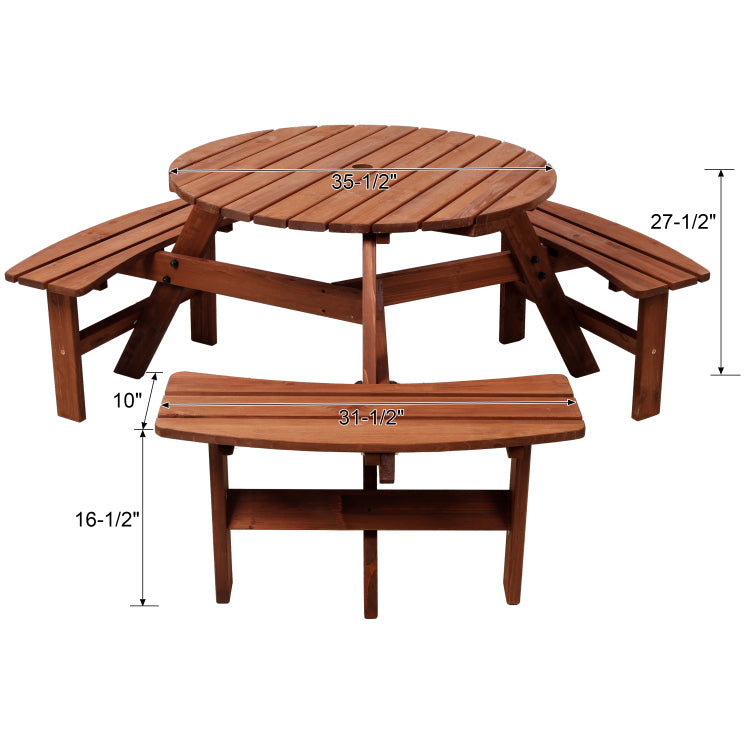 Wooden Picnic Table With 3 Built In Benches,6 Person Kids Picnic Table, With Umbrella Hole,Camping Dining Table For Garden Patio Backyard