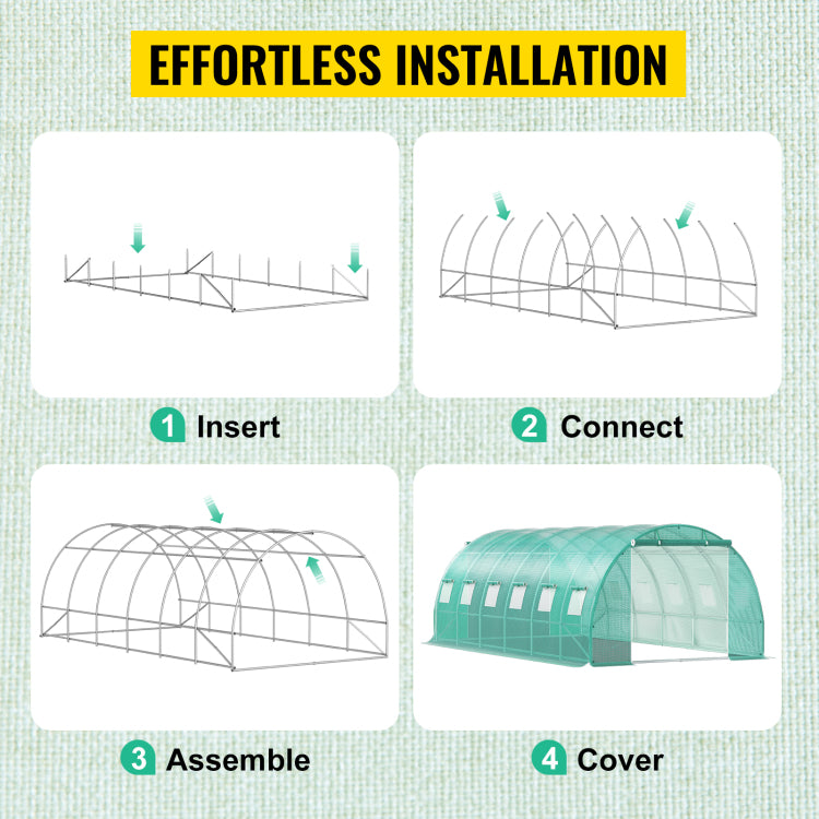Walk In Tunnel Greenhouse, 20 X 10 X 7 Ft Portable Plant Hot House W Galvanized Steel Hoops, 3 Top Beams, Diagonal Poles, 2 Zippered Doors & 12 Roll Up Windows, Green