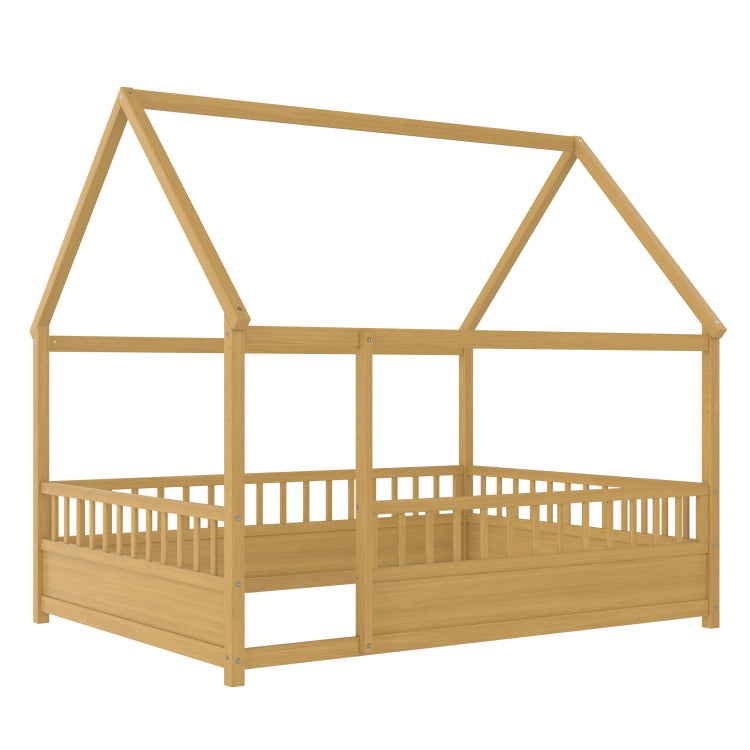 Full Size Floor Wooden Bed With House Roof Frame, Fence Guardrails Full,Natural