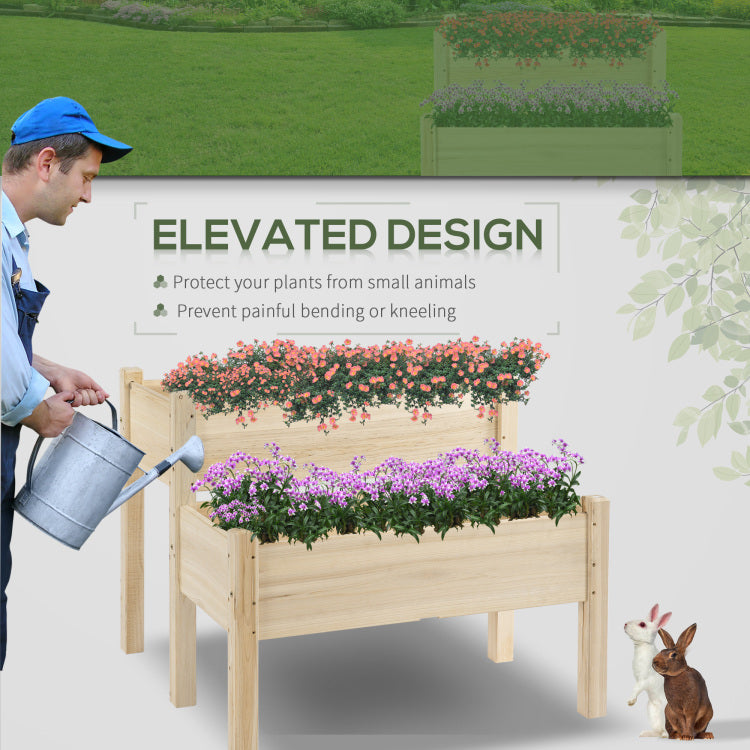 Outsunny 34"X34"X28" Raised Garden Bed, 2 Tier Elevated Wood Planter Box For Backyard, Patio To Grow Vegetables, Herbs, And Flowers, Natural