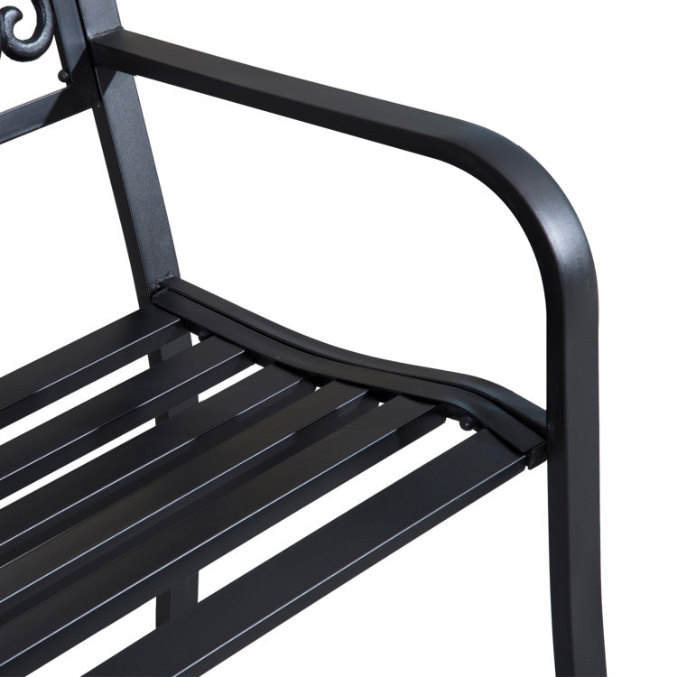 Outsunny 50" Outdoor Bench, Metal Garden Bench With Floral Pattern Backrest, Porch Bench With Slatted Seat For Park, Yard, Lawn, Black