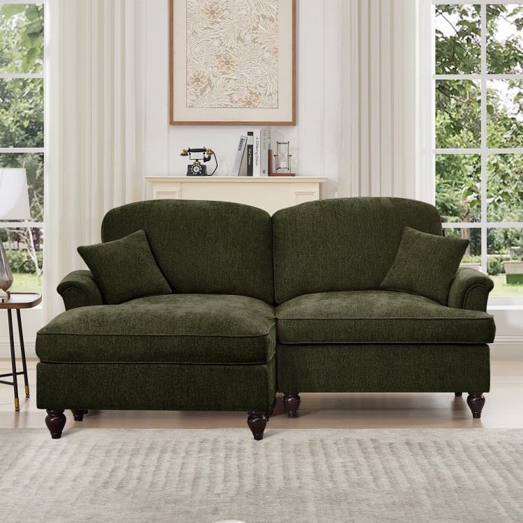 Elegant Mid Century Large Two Seater Modular L Shaped Sofa Couch With Flared Arms And Removable Ruffles Pleats Skirts And Spindle Legs, Comfy Chenille Loveseat Sofa With Movable Ottoman,Green