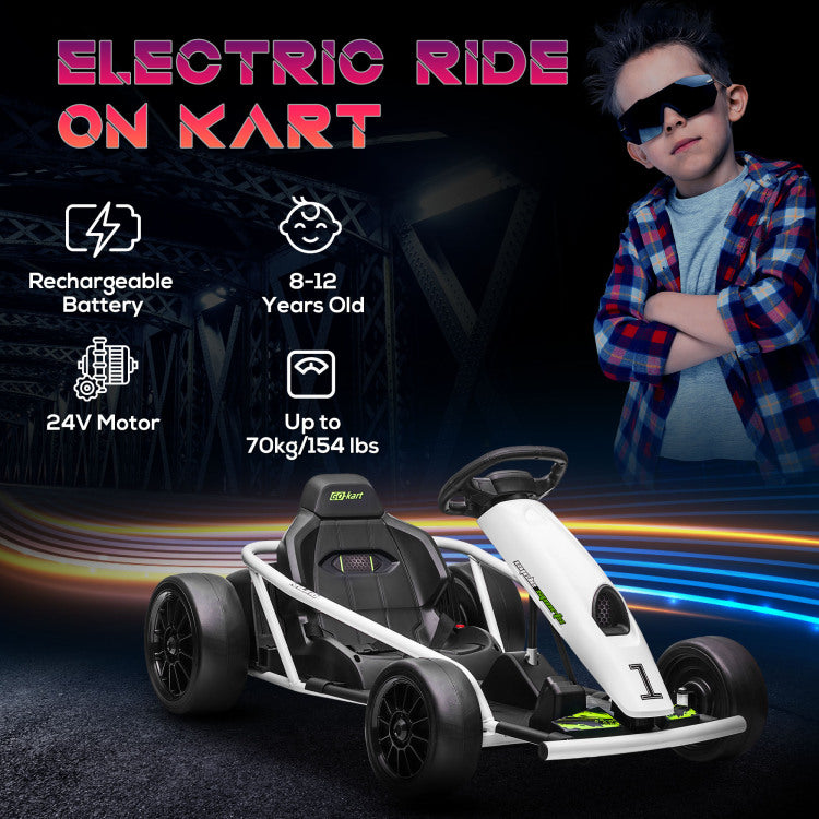 Aosom 24V 8.1 Mph Electric Go Kart, Drifting Car Battery Powered Ride On Toy Outdoor With Slow Start, Music, Horn Honking And Safety Belt, For 8 12 Years Old, White