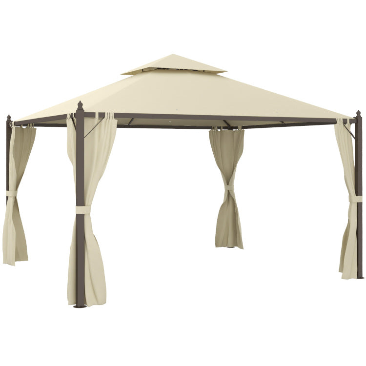 Outsunny 10' X 12' Steel Outdoor Patio Gazebo With Polyester Privacy Curtains, Two Tier Roof For Air, Large Design