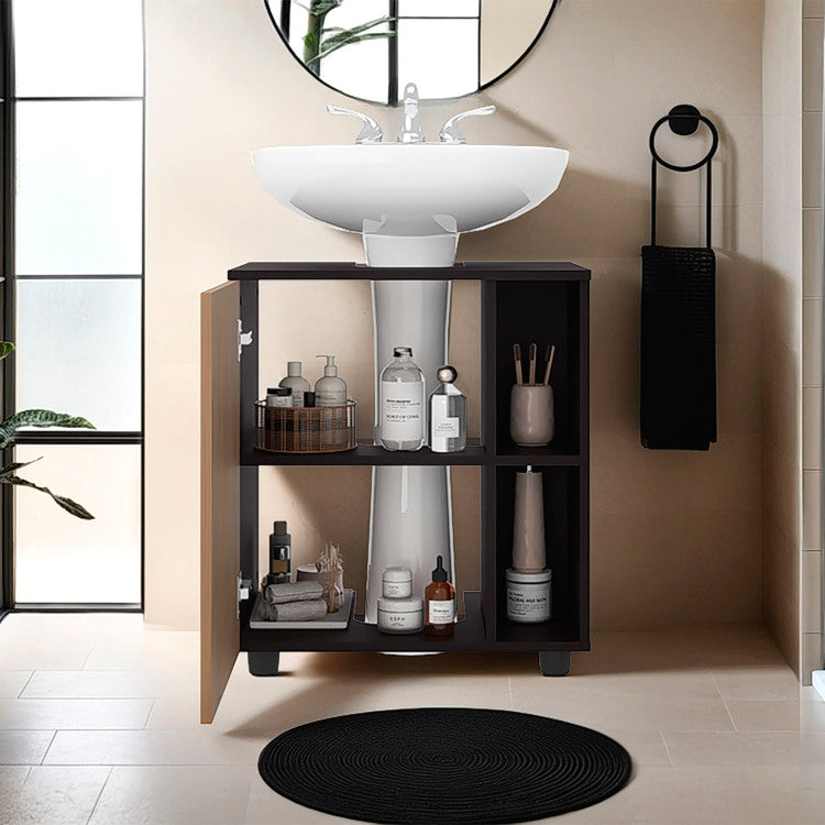 Under Sink Storage 24.4" H, 1 Door, 4 Shelves, 4 Legs, Natural Oak Black Wengue Bathroom