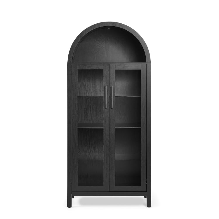 A High Arched Storage Cabinet With A Lamp, A Modern Retro Style Wooden Storage Cabinet With Adjustable Glass Partitions, Suitable For Use As A Multi Functional Cabinet In Kitchens Black