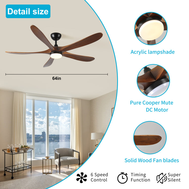 62 Inch Solid Wood With Remote Control With Light Led Modern Dc Dc Motor Indoor Outdoor 5 Blade For Patios, Bedrooms And Farmhouses