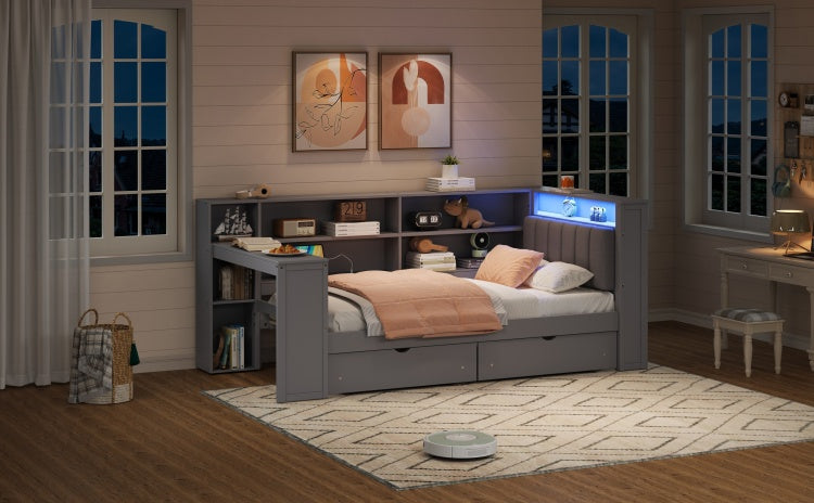 Wood Twin Size Platform Bed With Storage Shelves, Drawers, Charging Station, Led, Desk And Upholstered Headboard, Grey Grey Cushion