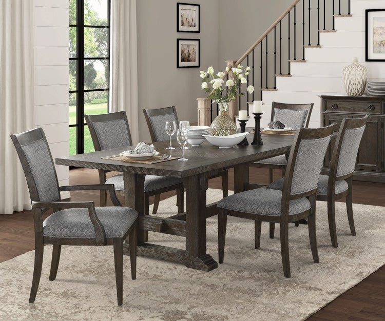 Transitional Brown Gray Armchairs Set Of 2, Fabric Upholstery Seat Back Wooden Dining Furniture