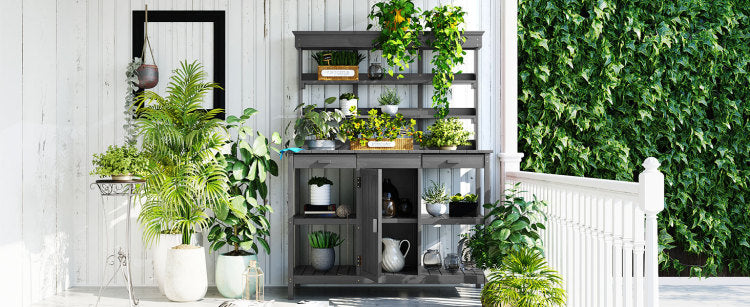 66'' Large Outdoor Farmhouse Wooden Potting Bench Table, Garden Workstation With 2 Drawers,Cabinet And Open Shelves For Backyard, Mudroom, Gray