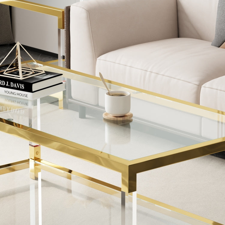 Modern Acrylic Leg Coffee Table, Double Layer Tempered Glass Top With Golden Metal Frame, 47.2X23.6X17.7 Inch Living Room Furniture