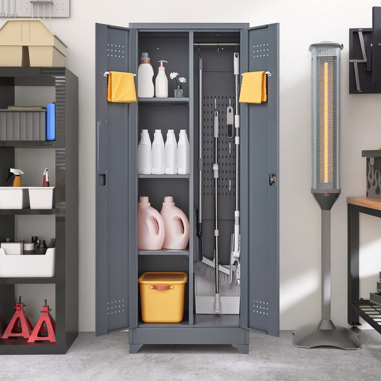 Broom Storage Cabinet With Locking Doors And Shelves, 65" H Metal Storage Cabinet With Hanging Rod & S Hooks, Cleaning Tool Storage Cabinet Grey