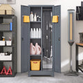 Broom Storage Cabinet With Locking Doors And Shelves, 65" H Metal Storage Cabinet With Hanging Rod & S Hooks, Cleaning Tool Storage Cabinet Grey