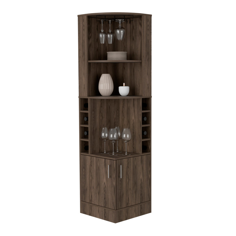 Corner Bar Cabinet, Two External Shelves, Dark Walnut