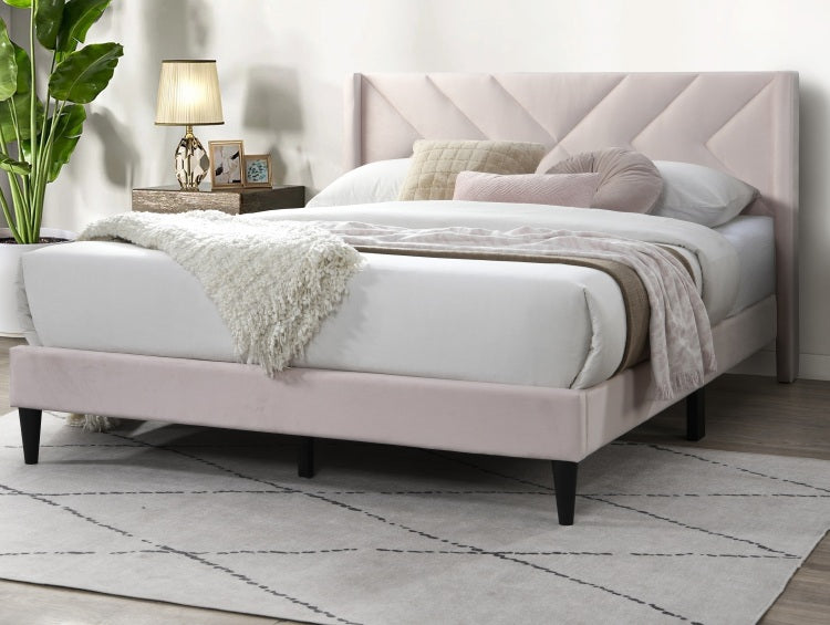 Elegant Modern Full Size Bed Clean Lines Design Headboard 1Pc Light Pink Velvet Upholstered Bedframe