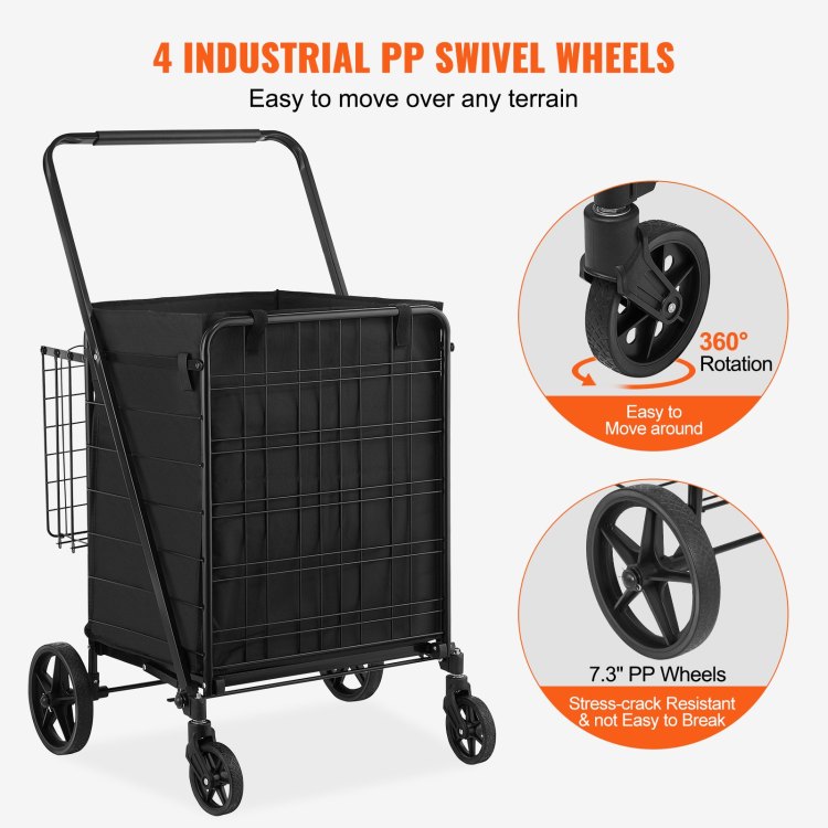 Folding Shopping Cart With Removable Waterproof Liner, 330Lbs Large Capacity Jumbo Grocery Cart With Dual Basket, 360 Swivel Wheels, Dense Metal Mesh Base, Heavy Duty Utility Cart For Shopping