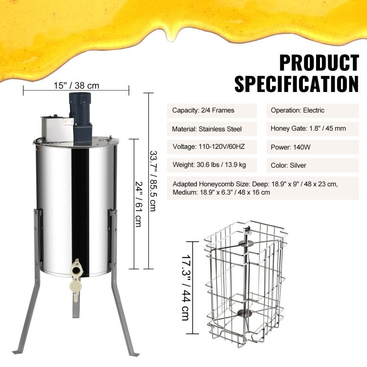 Electric Honey Extractor, 2 4 Frames Honey Spinner Extractor, Stainless Steel Beekeeping Extraction, Apiary Centrifuge Equipment With Height Adjustable Stand, Honeycomb Drum Spinner With Lid