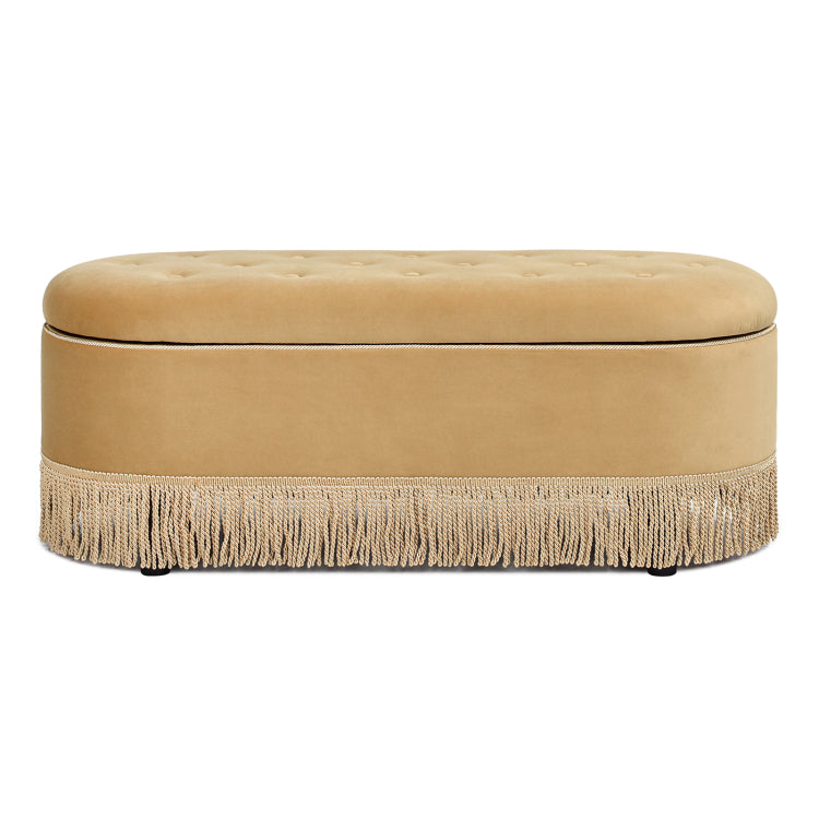 Melinda 48.5" Oval Tufted Bullion Fringe Storage Bench, Gold Velvet