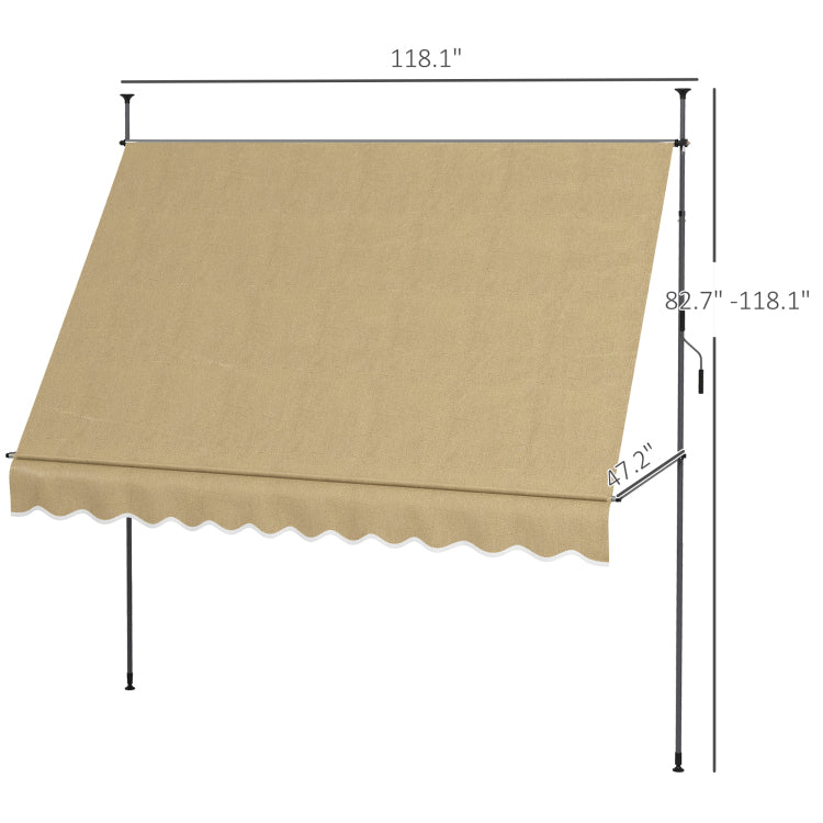 Outsunny Manual Retractable Awning, 118" Non Screw Freestanding Patio Sun Shade Shelter With Support Pole Stand And Uv Resistant Fabric, For Window, Door, Porch, Deck, Beige