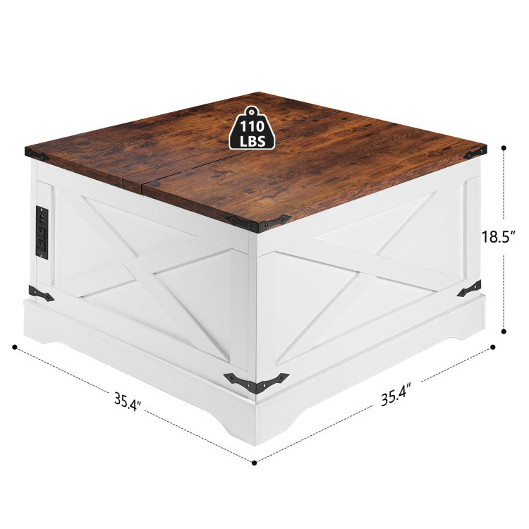Lift Top Coffee Table With Storage & Charging Station,Multi Functional Lifting Dining Table Coffee Table,Living Room Home Table,Space Saving Modern Design.35.4"X 35.4",Vintage White