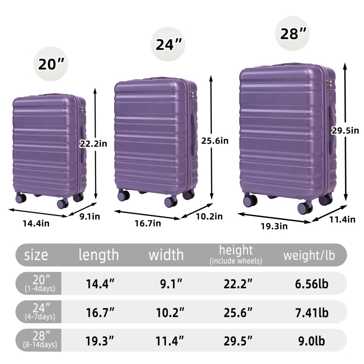 Hifine Tourist 20" 24" 28" 3 Pcs Set In Abs Spinner Wheel Luggage, Carry On Suitcase, Matching Color, Combination Lock Purple