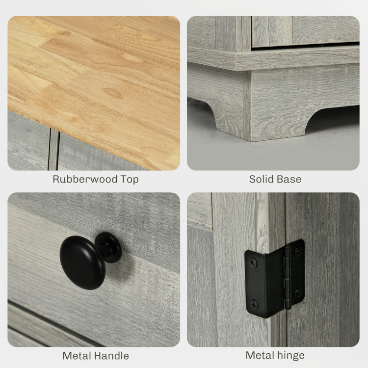 Homcom Sideboard With Solid Wood Countertop, Modern Kitchen Storage Cabinet, Coffee Bar Cabinet With 3 Drawers, Doors And Adjustable Shelf, Distressed Light Gray