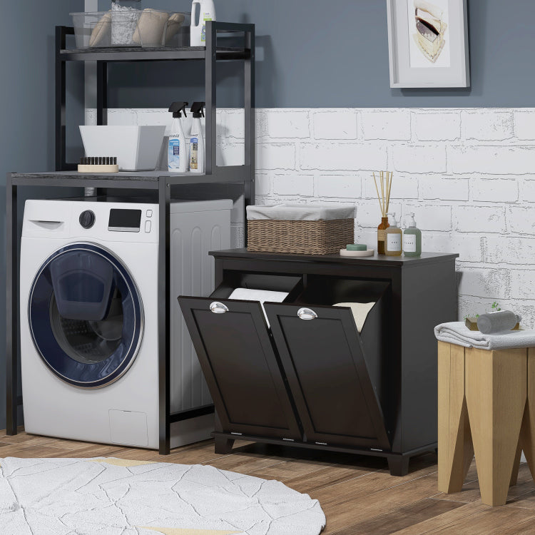 Homcom Dual Tilt Out Laundry Hamper Cabinet, Bathroom Storage Cabinet With 2 Compartment Hamper, Modern Floor Cabinet For Washroom, Black