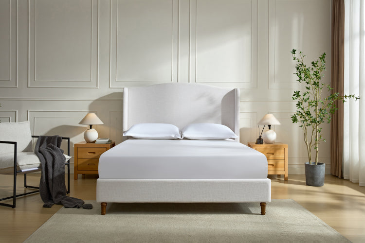 Hannah Upholstered Wingback Bed Size Queen Tall 54" Headboard Upholstered Queen Bed Premium Textured Canvas Chenille Look Ivory Minimalist Designs No Box Spring Needed Easy Assembly Queen