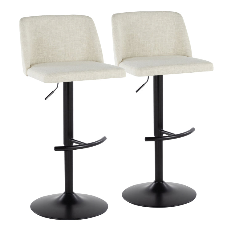 Contemporary Adjustable Barstool With Swivel In Cream Fabric And Black Metal With Rounded T Footrest Set Of 2
