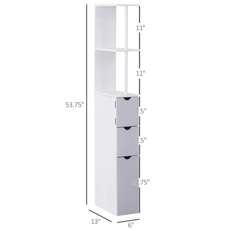 Homcom 54" Tall Bathroom Storage Cabinet, Freestanding Linen Tower With 2 Tier Shelf And Drawers, Narrow Side Floor Organizer, White