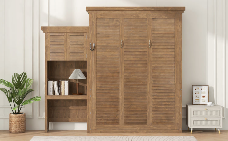 Queen Size Murphy Bed With Multiple Storage Shelves And Louvered Style Decoration, Wood Color