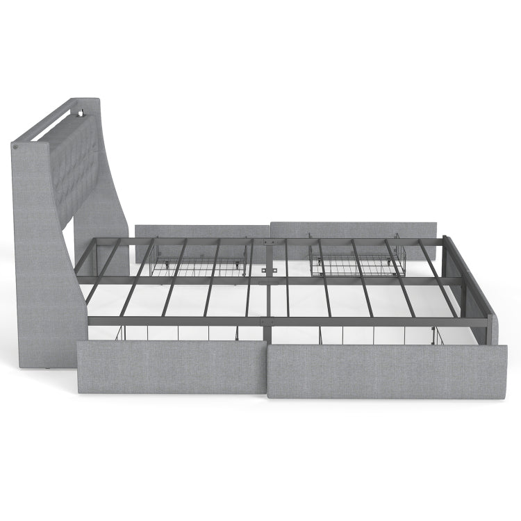 Queen Metal Platform Bed Frame Grey, Storage Headboard With Rgb Led & Charging Station