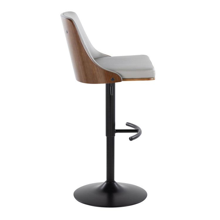 Mid Century Modern Adjustable Barstool With Swivel In Black Metal, Walnut Wood And Light Grey Faux Leather With Rounded T Footrest Set Of 2
