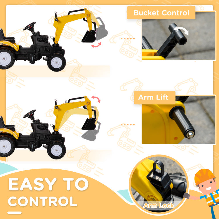 Aosom Digger Ride On Truck Kids Car With Horn, Excavator Ride On Toy, Imaginative Toy Construction Car, 6 Wheels & Detachable Trailer, Yellow