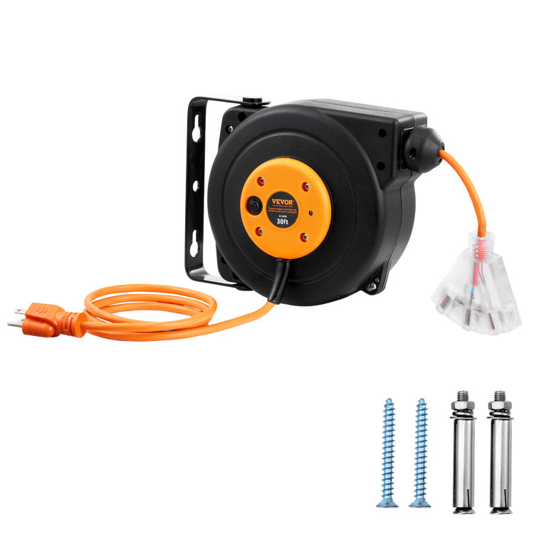 Retractable Extension Cord Reel, 30 Ft, Heavy Duty 16Awg 3C Sjtow Power Cord, With Lighted Triple Tap Outlet 10 Amp Circuit Breaker, For Ceiling Or Wall Mount Garage And Shop, Etl Listed