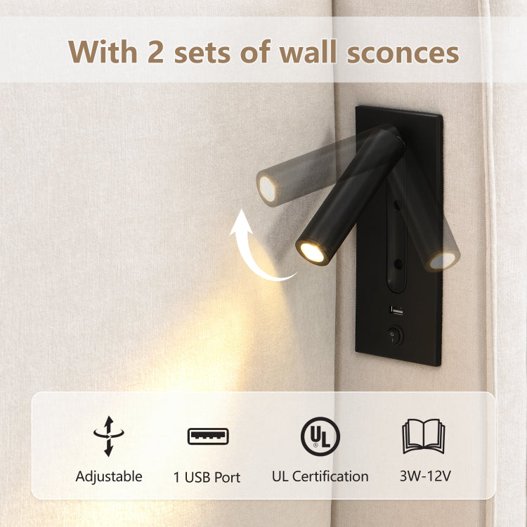 King Size Upholstered Bed Frame With High Wingback Headboard,Reading Lamp And Usb Port,Beige