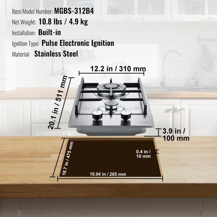 Gas Cooktop 12 Inch, Max 12250Btu 2 Burners Built In Stainless Steel Gas Stove Top, Lpg Ng Convertible Dual Fuel Natural Gas Hob With Thermocouple Protection