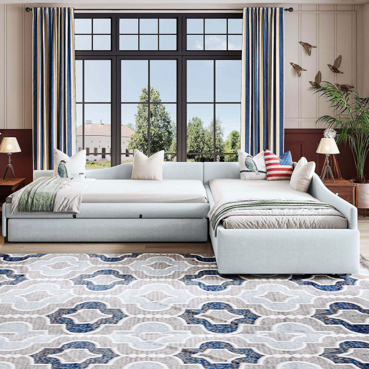 Upholstered Double Twin Size Daybed With Trundle And Drawer, Beige
