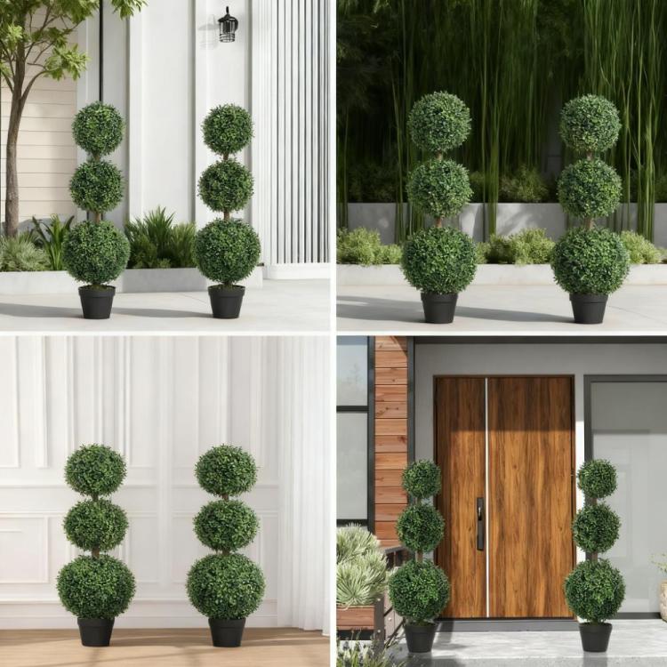 2 Pcs Set. Artificial Ball Boxwood Topiary Trees, Fake Plants In Pot