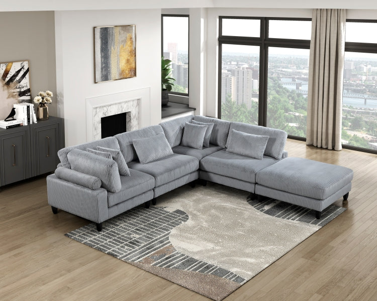 Living Room Furniture Ottoman Gray Corduroy Upholstery 1Pc Soft Cushion Cocktail Ottoman Solid Wood Legs