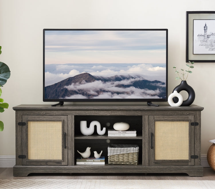Farmhouse Rattan Tv Stand Console Table For Tvs Up To 70 Inches, Tv Console Table With 2 Storage Shelves, 2 Natural Rattan Door Cabinets, 65"W*15.55"D*23.86"H, Gray