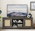 Farmhouse Rattan Tv Stand Console Table For Tvs Up To 70 Inches, Tv Console Table With 2 Storage Shelves, 2 Natural Rattan Door Cabinets, 65"W*15.55"D*23.86"H, Gray