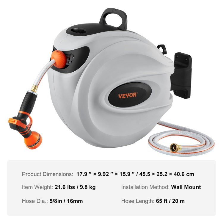 Retractable Hose Reel Water Hose Reel 65'X5 8" 180 Swivel Wall Mounted